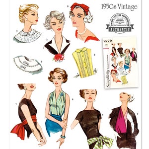 May include: Vintage sewing pattern for women's clothing from the 1950s. The pattern includes a variety of styles, including a blouse with a Peter Pan collar, a sleeveless top, and a dress with a bow. The pattern is labeled "Simplicity Printed Pattern" and has the number 2779.