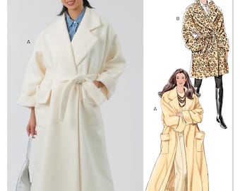 Può includere: Una donna indossa un cappotto lungo color crema con cintura annodata e ampie tasche. L'immagine mostra anche illustrazioni di cappotti simili, tra cui un modello con stampa leopardata. I testi "NEWLOOK" e "N6810" sono visibili.