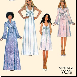 May include: Vintage 70's Laura Ashley sewing pattern for a nightgown. The pattern includes four different styles of nightgowns, all with a floral print. The pattern is authentic and includes additional size options and cutting layouts.
