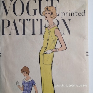 May include: Vintage Vogue Pattern showing a yellow sleeveless dress with pockets and buttons. The illustration depicts a woman in the dress. The text "VOGUE PATTERN" is printed at the top of the pattern.