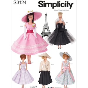 May include: Simplicity sewing pattern S3124 for making clothes for 11 1/2 inch dolls. The pattern includes five different outfits: a pink dress with a white lace trim, a black dress with a tulle overlay, a gingham dress, a floral dress, and a black skirt and jacket.