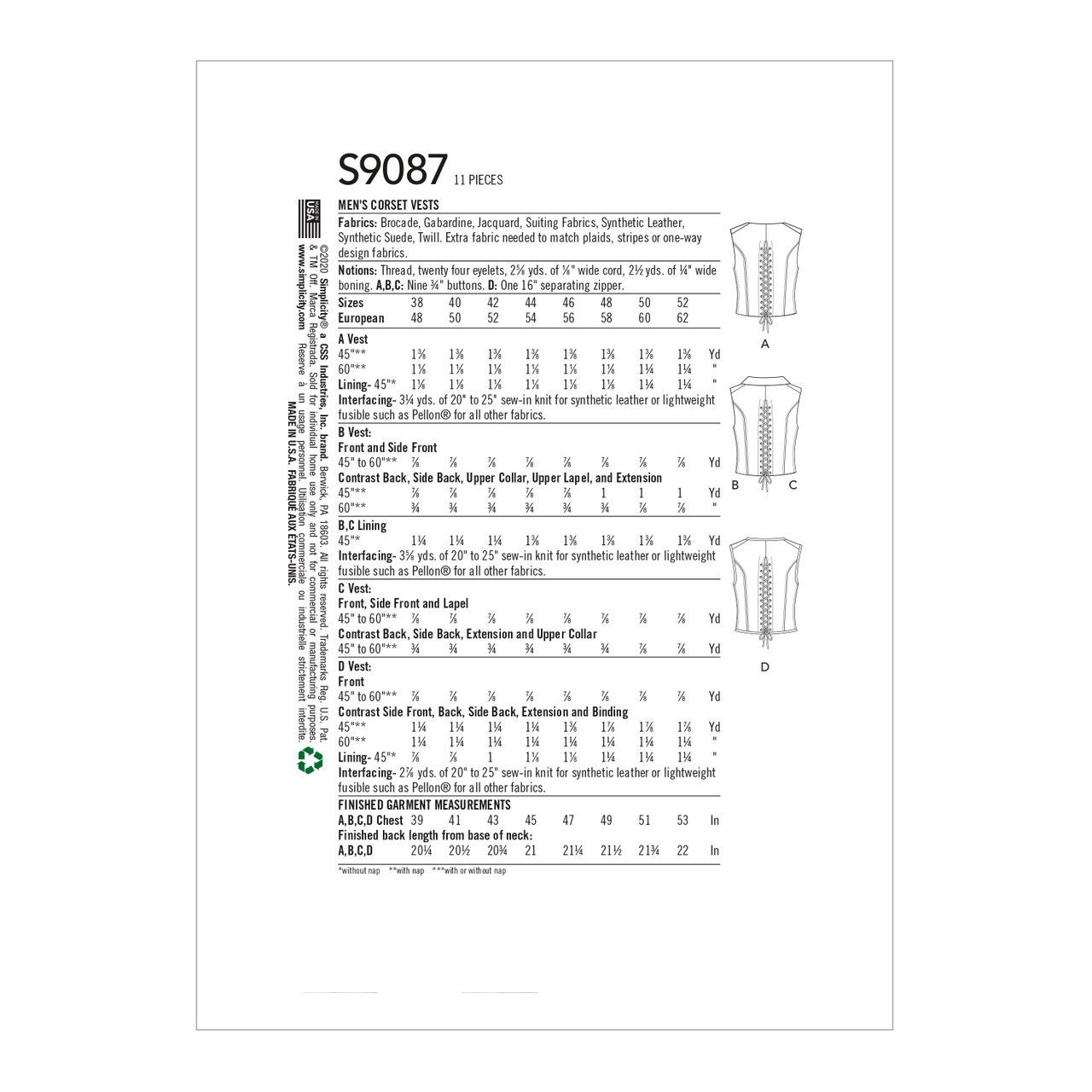S9087 Sewing Pattern Simplicity 9087 Men's Costume Vests Sizes 38-44/46 ...