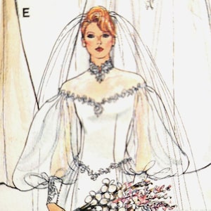 Puede incluir: Ilustración de una novia con un vestido de novia blanco con velo. El vestido presenta mangas largas y transparentes y detalles intrincados alrededor del escote y el corpiño. La novia sostiene un ramo de flores.