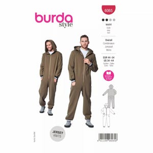 May include: Two people wearing olive green jumpsuits with hoods and front zippers. The image is a pattern from Burda Style, labelled "6065" and "Jersey Knits". The pattern includes sizes EUR 44-54 and US 34-44.