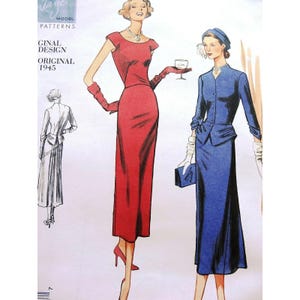May include: Vintage sewing pattern illustration featuring two elegant dresses. One is a red, form-fitting gown with short sleeves and gloves. The other is a blue suit with a long skirt and a matching jacket. The text "ORIGINAL 1945" is visible.