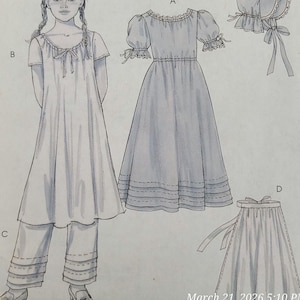 May include: Illustration of a young girl wearing a nightgown and pants set, with a matching bonnet. The drawing also features a long dress and a skirt with a bow. The clothing items are light blue and have decorative stitching.