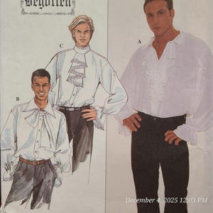 Peut inclure: Un patron de couture vintage présentant trois chemises blanches à volants. Les chemises ont des manches longues et des dentelles ou des volants décoratifs au col et aux poignets. Le patron est intitulé "Begotten".