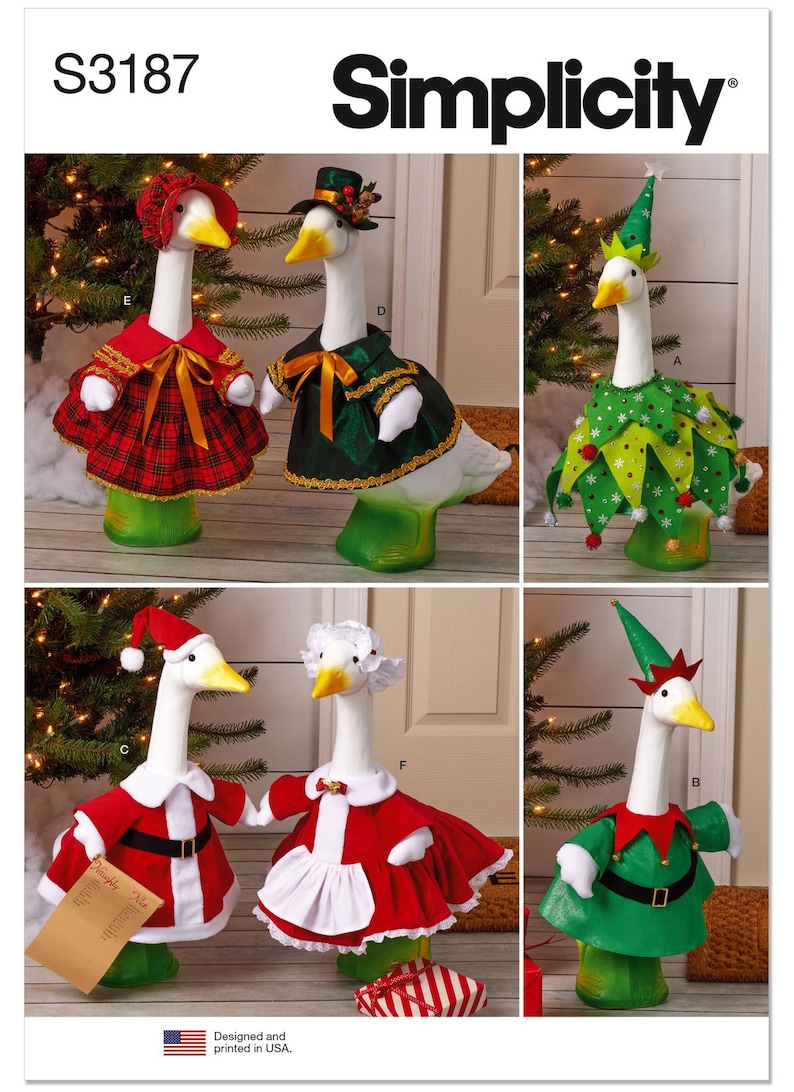 May include: Simplicity pattern S3187 features decorative goose figures in festive outfits. The geese are dressed in Christmas and holiday-themed costumes, including Santa, elf, and other seasonal attire. The pattern is designed and printed in the USA.