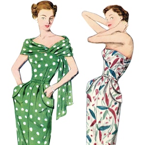 Puede incluir: Dos ilustraciones vintage de mujeres con vestidos. La mujer de la izquierda lleva un vestido verde de lunares con una bufanda verde a juego. La mujer de la derecha lleva un vestido blanco con estampado floral.