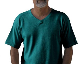 May include: A teal v-neck t-shirt with short sleeves.