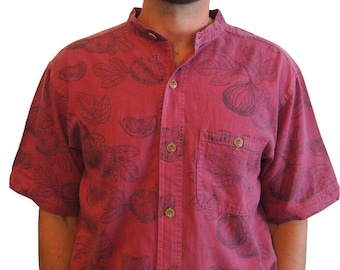 Men's Hemp Tencel Shirt With Banded Collar in Fig Leaf Tropical Print Button Up Short Sleeve
