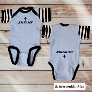 Intake Exhaust Baby Bodysuit: Mechanic Car Lover Gift Blue Stripes w/Navy