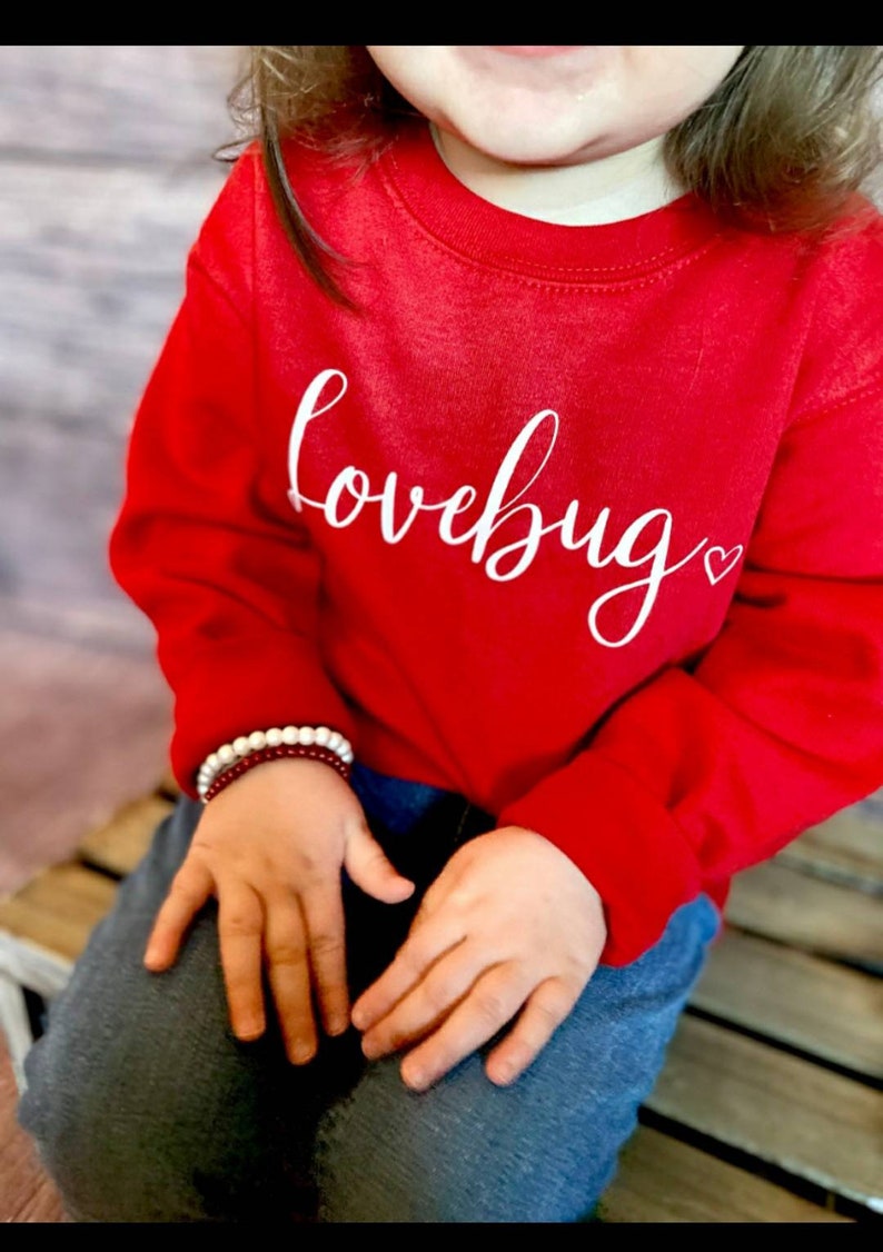 May include: A red sweatshirt with the text "lovebug" in white cursive lettering and a small heart symbol. The sweatshirt is being worn by a child.