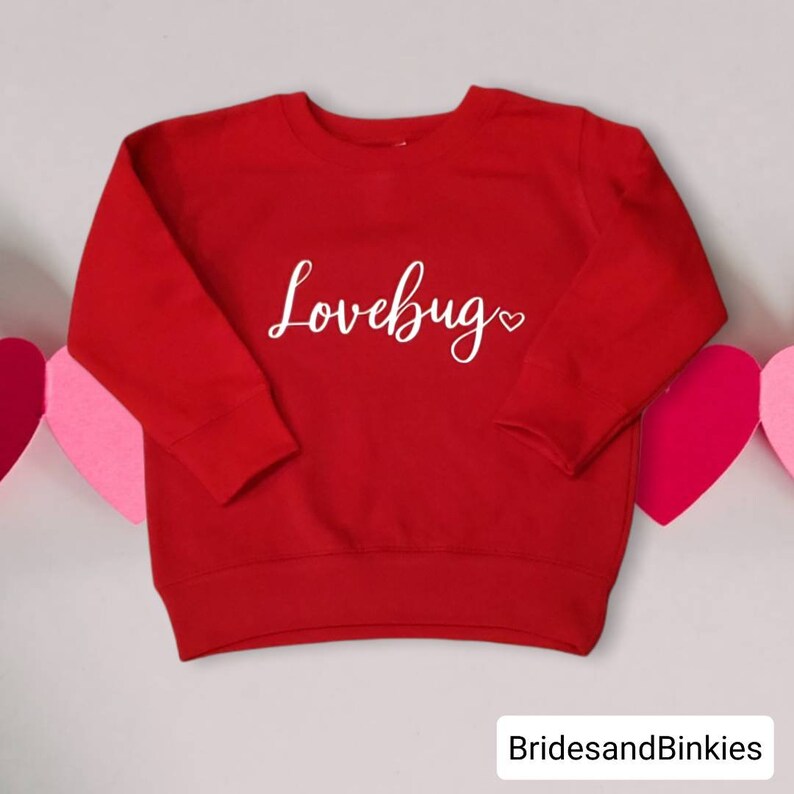 May include: Red long-sleeved sweatshirt with the text "Lovebug" in white cursive lettering with a small heart.