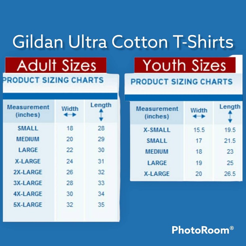 May include: A chart showing the sizing for Gildan Ultra Cotton T-shirts in adult and youth sizes. The chart lists the size, width in inches, and length in inches for each size.