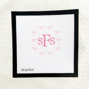 Pink Monogram Needlepoint Canvas – 18 Mesh Hand-Painted Bow Wreath Design – 8x8