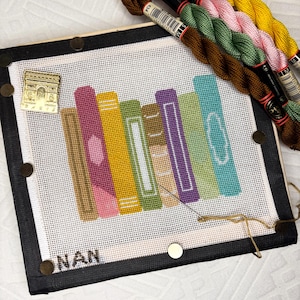 Hand-Painted Needlepoint Canvas – Stack of Books – 18 Mesh – Literary Gift