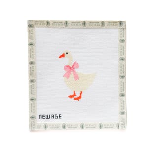Sweet Goose with Pink Bow Needlepoint Canvas – 18 Mesh, Hand-Painted – New Age Needlepoint