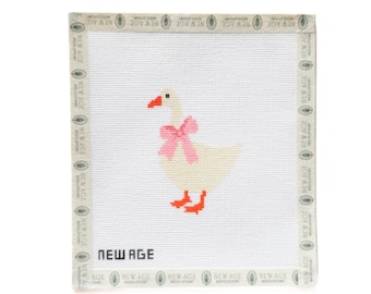 Süße Gans mit rosa Schleife, Nadelspitze aus Leinen - 18 Mesh, Handbemalt, Nadelspitze