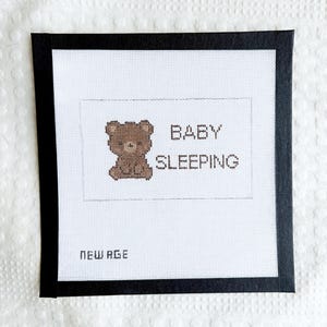 Baby Sleeping Needlepoint Canvas – 18 Mesh Door Hanger – Hand Painted Teddy Bear Nursery Sign – Baby Room Needlepoint – Newborn Gift Idea