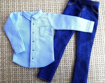 Handmade Doll Light Blue Shirt & Jeans Pants Set Doll Clothes For 12" Dolls