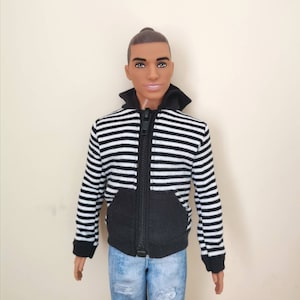 Handmade Doll White Black Stripe Hoodie Jacket Doll Clothes For 12&quot; Muscle Dolls