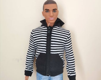 Poupée faite main, blanc, rayures noires, veste à capuche, vêtements de poupée pour poupées musclées de 30 cm (12 po.)