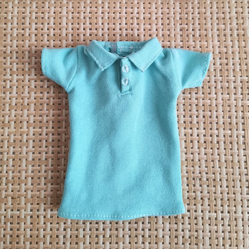 May include: A light blue polo shirt with short sleeves and two button closures.