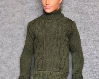 May include: A green cable knit sweater with a turtleneck collar. The sweater is made of a soft, comfortable material and has a relaxed fit.