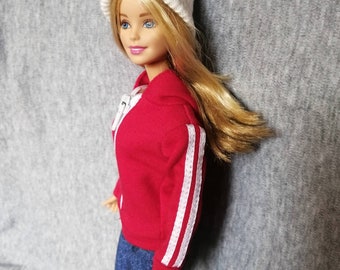 Handgemachte Puppe Rot Hoodie Mantel Mit Weißen Streifen Puppenkleidung Für 11,5 "Puppen
