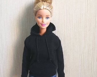 Casaco com capuz preto feito à mão para bonecas de 11,5" (aceitamos roupas de boneca personalizadas)