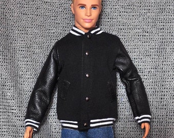 Handgemachte Puppe Schwarze Baseball Jacke Naturleder Ärmel Puppenkleidung Für 12 "Puppen