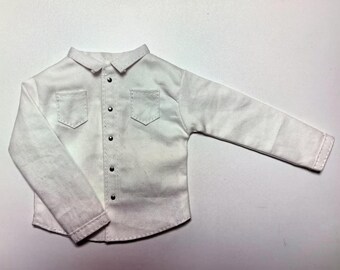 May include: A white long-sleeved button-down shirt with a collared neckline and two chest pockets.