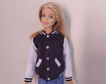 Boneca feita à mão, casaco de beisebol com capuz preto e branco, roupas de boneca para bonecas de 11,5"
