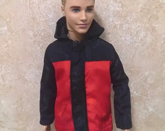 Poupée faite main coupe-vent noir et rouge Veste à capuche Vêtements de poupée pour poupées de 30 cm (12 po.)