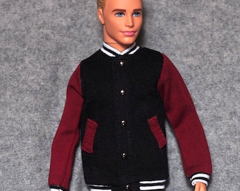 Poupée faite à la main Black & Maroon Baseball Jacket Doll Clothes pour poupées 12 »