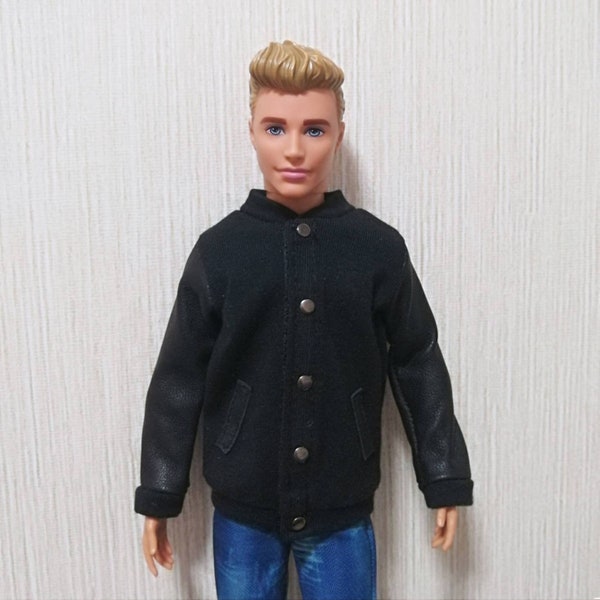 Handmade Doll Black Baseball Jacket Natural Leather Sleeves Doll Clothes For 12" Dolls