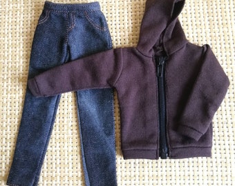 Handmade Doll Brown Hoodie Jacket & Pants Jeans Set Doll Clothes For 12" Dolls