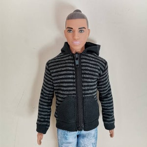 Handmade Doll Grey Black Stripe Hoodie Jacket Doll Clothes For 12&quot; Muscle Dolls