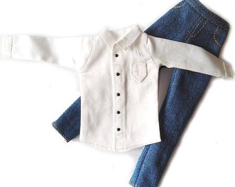 Handmade Doll White Shirt & Pants Jeans Set Doll Clothes For 12" Dolls