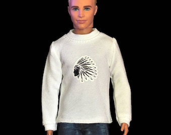 May include: A white long-sleeved shirt with a black and white graphic of a Native American headdress on the front.