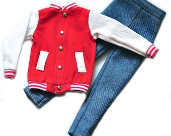 Handmade Doll Red Jacket & Pants Jeans Set Doll Clothes For 12" Dolls