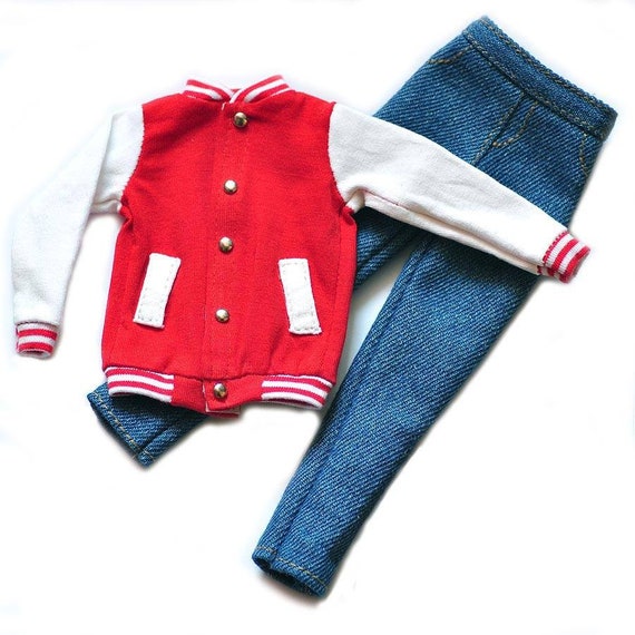 Handmade Doll Red Jacket & Pants Jeans Set Doll Clothes For 12" Dolls