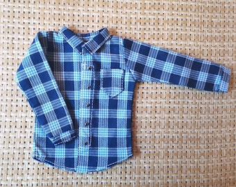 Pode incluir: Uma camisa de flanela azul e branca xadrez com colarinho de botões e mangas compridas.