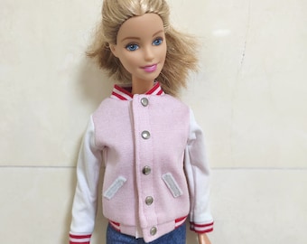Boneca feita à mão rosa e branco moletom com capuz jaqueta de beisebol roupas de boneca para bonecas de 11,5"