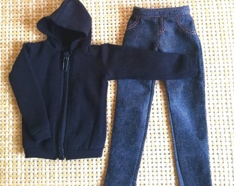 Handmade Doll Black Hoodie Jacket & Pants Jeans Set Doll Clothes For 12" Dolls