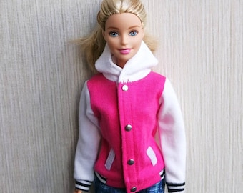 Boneca feita à mão rosa e branco moletom com capuz jaqueta de beisebol roupas de boneca para bonecas de 11,5"