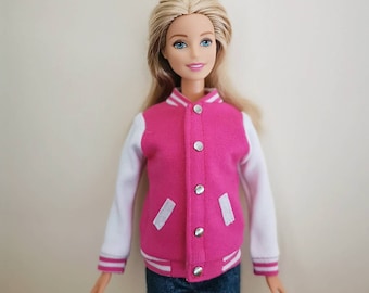 Boneca feita à mão rosa e branco moletom com capuz jaqueta de beisebol roupas de boneca para bonecas de 11,5"