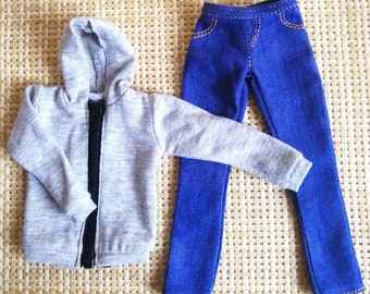 Handgemachte Puppe Grau Hoodie Jacke & Hose Jeans Set Puppenkleidung Für 12 "Puppen