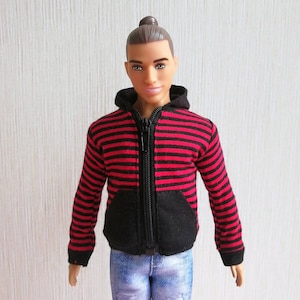 Handmade Doll Red Black Stripe Hoodie Jacket Doll Clothes For 12&quot; Muscle Dolls